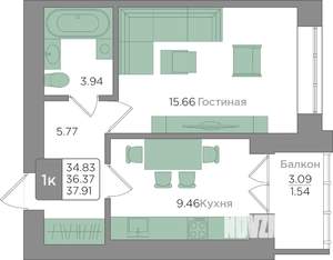 1-к квартира, вторичка, 36м2, 9/9 этаж