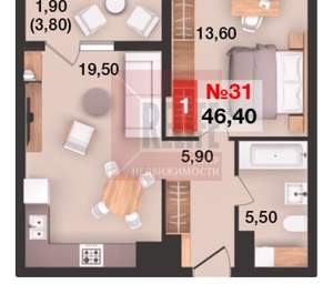 1-к квартира, вторичка, 46м2, 6/15 этаж