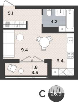 1-к квартира, вторичка, 27м2, 2/9 этаж