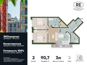 2-к квартира, строящийся дом, 91м2, 3/14 этаж