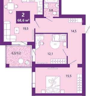 2-к квартира, сданный дом, 69м2, 2/4 этаж