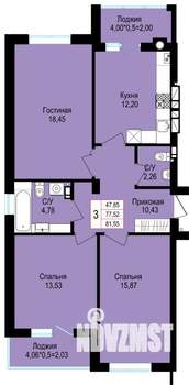 3-к квартира, строящийся дом, 82м2, 2/8 этаж