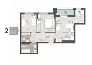 2-к квартира, вторичка, 60м2, 8/9 этаж