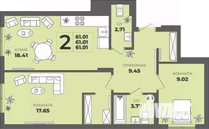 2-к квартира, строящийся дом, 61м2, 1/8 этаж