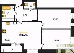 2-к квартира, вторичка, 64м2, 6/9 этаж