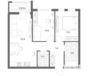 2-к квартира, строящийся дом, 59м2, 4/18 этаж