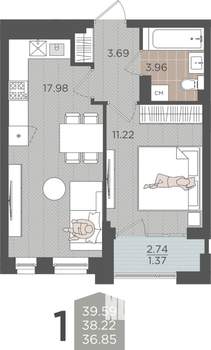 1-к квартира, вторичка, 38м2, 5/9 этаж