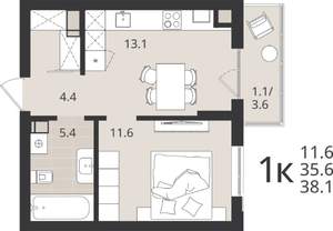 1-к квартира, вторичка, 36м2, 7/9 этаж