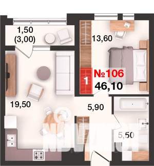 1-к квартира, вторичка, 46м2, 5/15 этаж