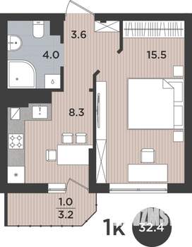 1-к квартира, вторичка, 32м2, 3/9 этаж