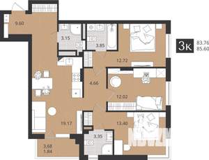 3-к квартира, сданный дом, 84м2, 3/4 этаж