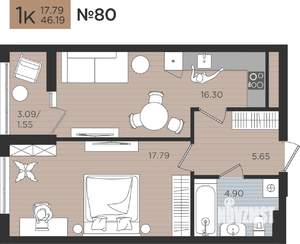 1-к квартира, вторичка, 46м2, 5/10 этаж