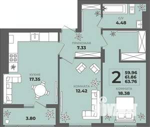 2-к квартира, строящийся дом, 62м2, 4/8 этаж