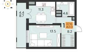 1-к квартира, вторичка, 38м2, 12/16 этаж