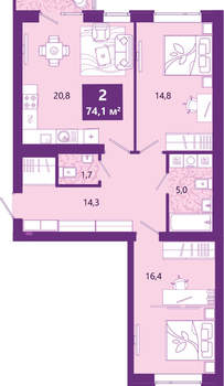 2-к квартира, сданный дом, 75м2, 4/4 этаж