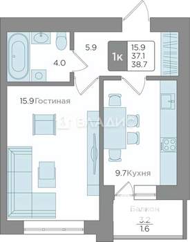 1-к квартира, вторичка, 39м2, 9/9 этаж