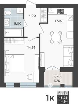 1-к квартира, вторичка, 43м2, 3/10 этаж