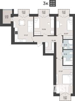 3-к квартира, строящийся дом, 85м2, 8/9 этаж
