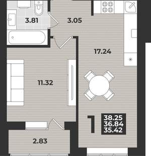 1-к квартира, вторичка, 38м2, 5/9 этаж