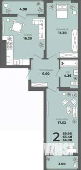 2-к квартира, строящийся дом, 63м2, 2/8 этаж