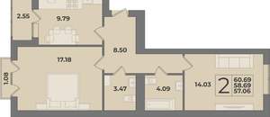 2-к квартира, вторичка, 61м2, 9/9 этаж