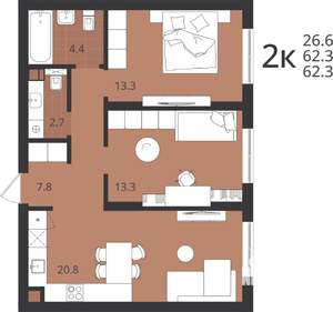 2-к квартира, вторичка, 62м2, 1/9 этаж