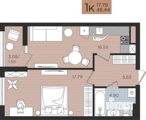 1-к квартира, строящийся дом, 46м2, 4/10 этаж
