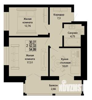 2-к квартира, строящийся дом, 55м2, 10/10 этаж