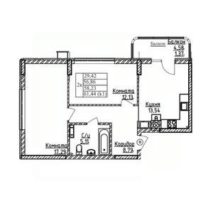 2-к квартира, строящийся дом, 58м2, 4/9 этаж