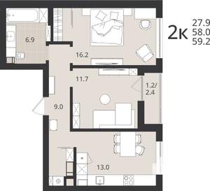 2-к квартира, вторичка, 58м2, 6/9 этаж