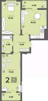 2-к квартира, строящийся дом, 64м2, 1/8 этаж