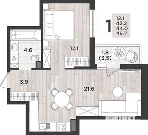 1-к квартира, вторичка, 44м2, 2/12 этаж