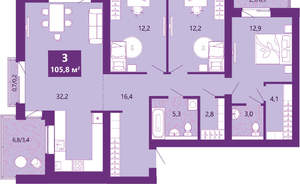 3-к квартира, сданный дом, 108м2, 2/4 этаж