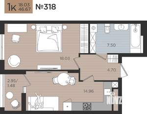 1-к квартира, вторичка, 47м2, 6/10 этаж