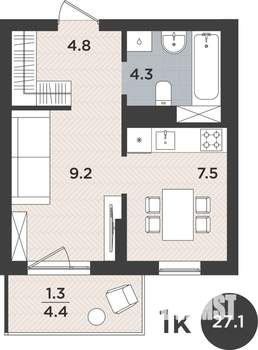 1-к квартира, вторичка, 27м2, 8/9 этаж