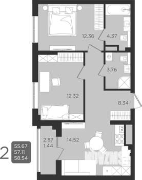 2-к квартира, строящийся дом, 57м2, 6/9 этаж