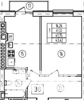 1-к квартира, строящийся дом, 42м2, 6/9 этаж
