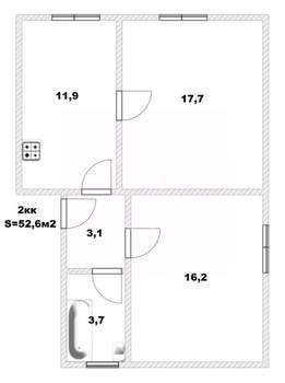 2-к квартира, вторичка, 53м2, 1/2 этаж