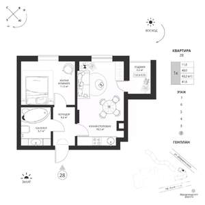 1-к квартира, вторичка, 42м2, 2/7 этаж