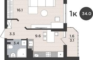 1-к квартира, вторичка, 34м2, 1/9 этаж