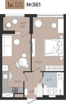 1-к квартира, вторичка, 45м2, 4/10 этаж