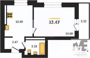 1-к квартира, вторичка, 32м2, 6/9 этаж