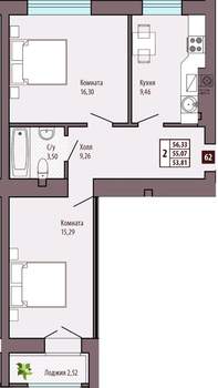 2-к квартира, вторичка, 56м2, 6/10 этаж