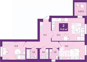 2-к квартира, вторичка, 76м2, 3/4 этаж