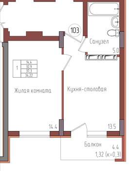 1-к квартира, вторичка, 34м2, 4/9 этаж