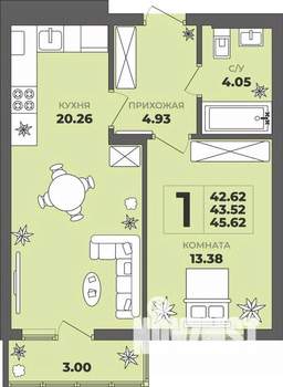 1-к квартира, строящийся дом, 44м2, 4/8 этаж