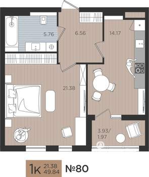 1-к квартира, вторичка, 50м2, 3/9 этаж