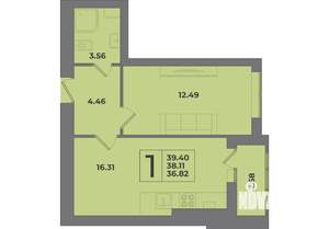 1-к квартира, строящийся дом, 39м2, 2/8 этаж