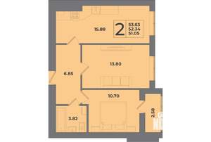 2-к квартира, строящийся дом, 54м2, 4/8 этаж