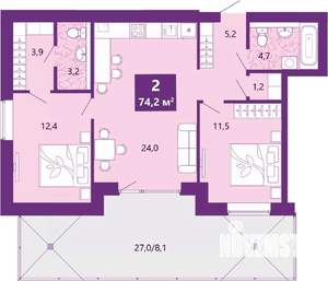 2-к квартира, вторичка, 76м2, 1/4 этаж